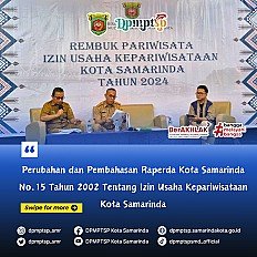                                     Dinas Pemuda, Olahraga dan Pariwisata melaksanakan Urun Rembuk Pelaku Usaha Pariwisata di Kota Samarinda terkait rencana perubahan Perda no 15 tahun 2002 tentang Ijin Usaha Jasa Kepariwisataan
                                    